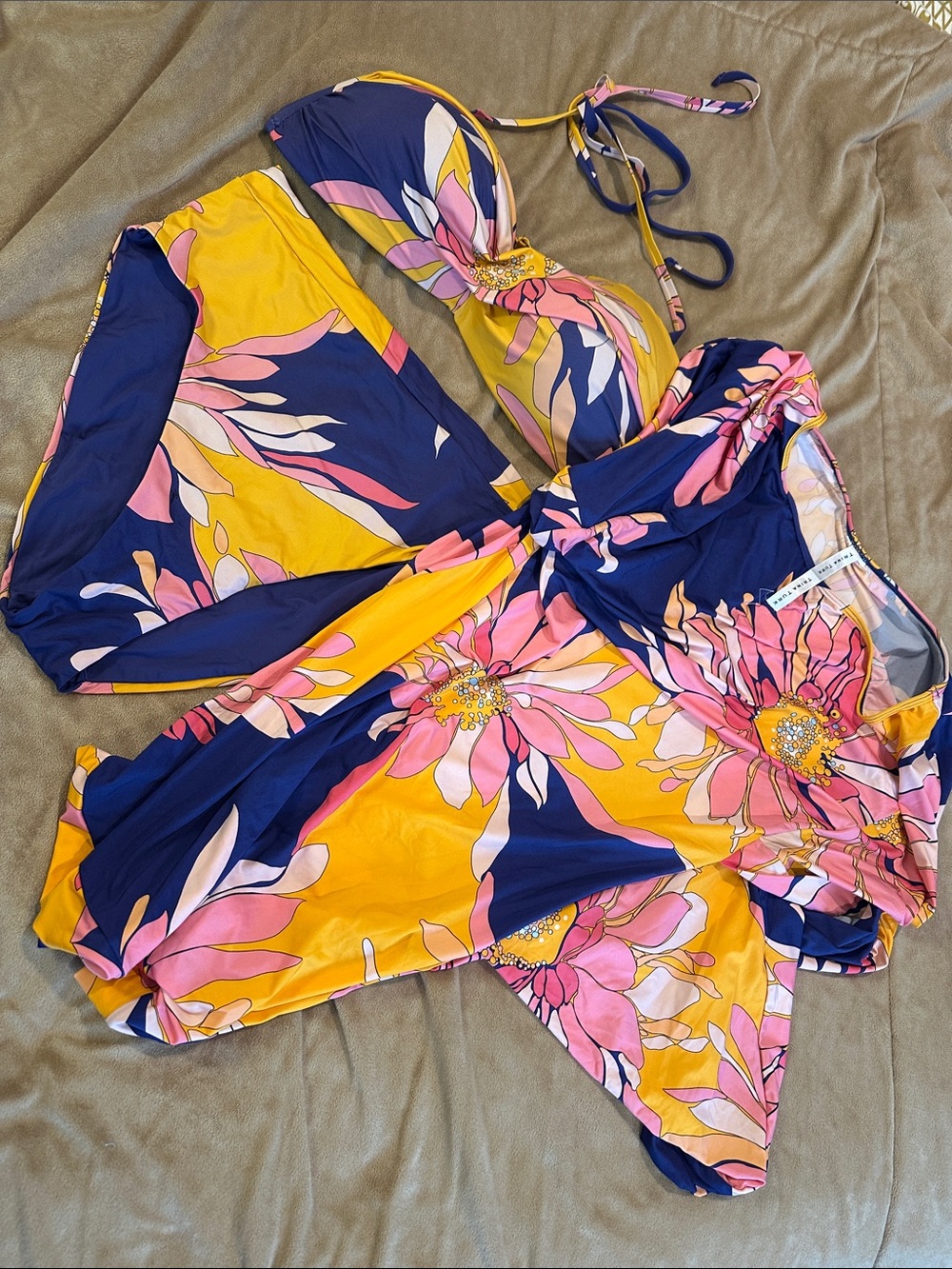 Trina Turk Yellow Navy Pink Floral Camisole & Swim Top Set